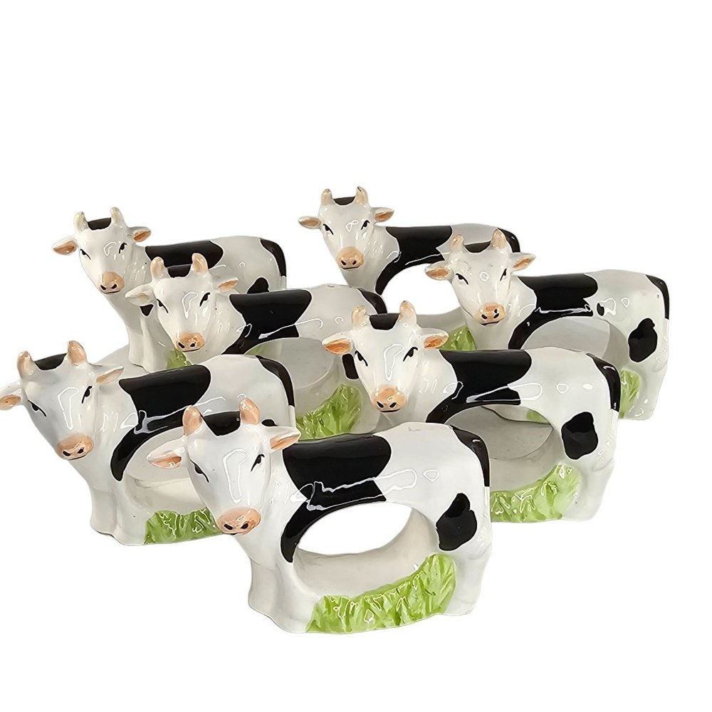 Cow Holstein Dairy Napkin Rings Ceramic Set Of 7 Kitsch Farm *Flaws*